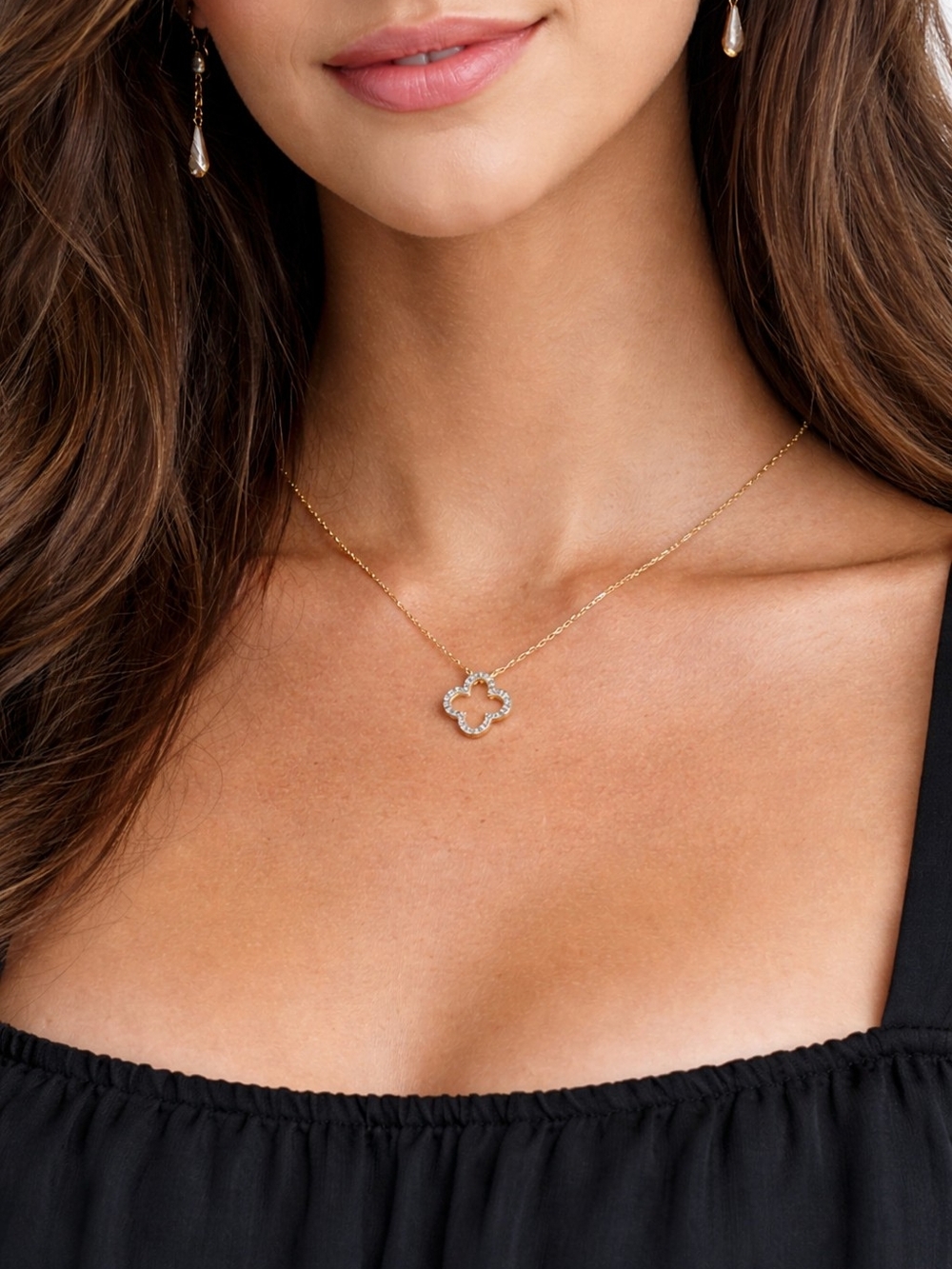 925 Sterling Silver Yellow Gold Pave CZ Clover Pendant Necklace Gift Box